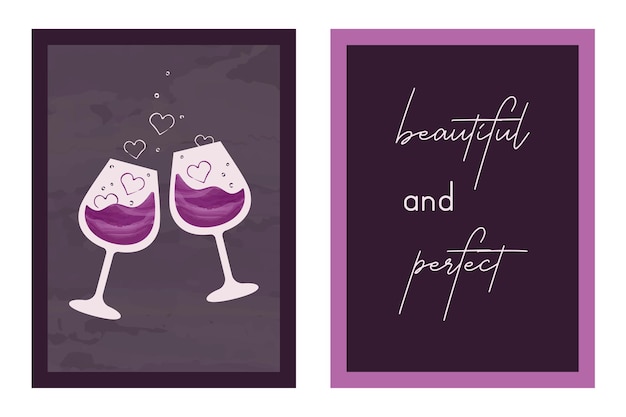 Vector colección de elegantes tarjetas de moda con copa de vino y muchos corazoncitos composiciones modernas minimalistas y letras ilustración vectorial para el regalo del día de san valentín cena romántica boda citas