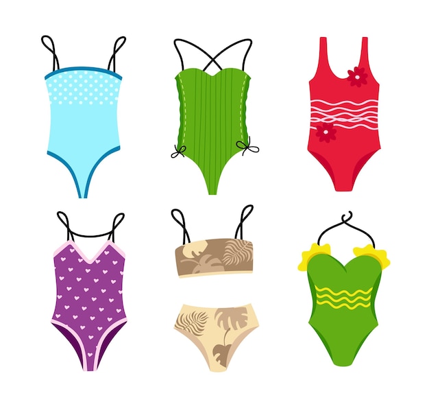 Colección de elegantes trajes de baño y ropa interior Bikinis y tops Ilustración vectorial aislada