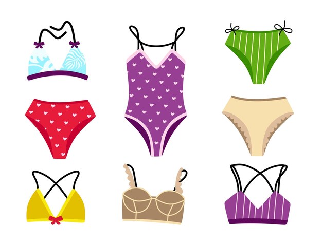Colección de elegantes trajes de baño y ropa interior Bikinis y tops Ilustración vectorial aislada