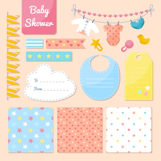 Colección de elementos adorables del álbum de recortes de baby shower
