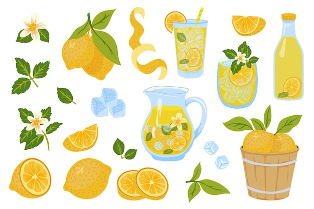 Colección de elementos aislados con diseño gráfico plano de limones y limonada con rodajas de cítricos, flor de cítricos y hojas, vaso o botella con zumo y otra ilustración vectorial