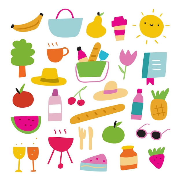 Colección de elementos aislados de picnic Diseño plano vectorial dibujado a mano Ilustraciones