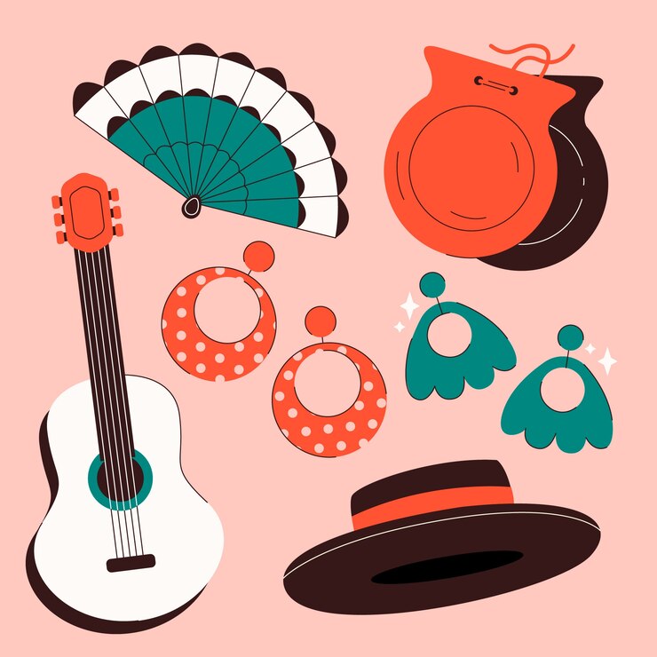 Vector colección de elementos de baile flamenco dibujados a mano