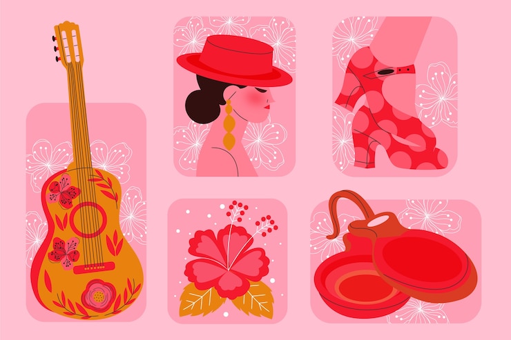 Vector colección de elementos de baile flamenco dibujados a mano