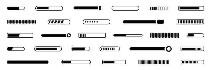 Vector colección de elementos de la barra de carga o actualización conjunto de íconos de progreso de la barra de carga de la barra de carga signos de carga íconos de progreso de la barra de carga aislados en fondo blanco