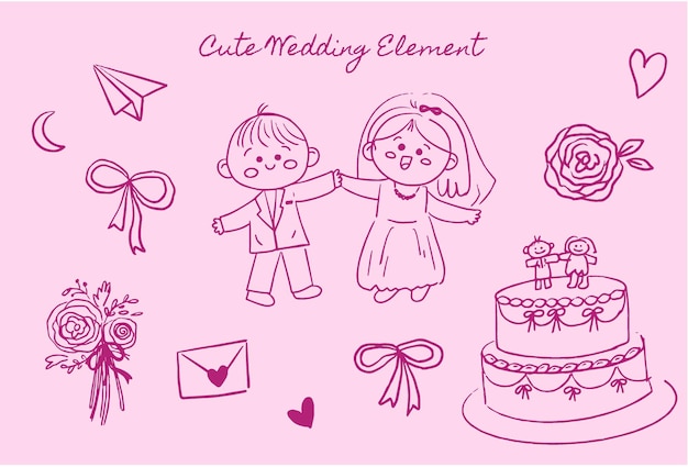 Colección de elementos de bodas dibujados a mano