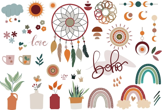 Vector colección de elementos boho con atrapasueños flores ramas círculos y arco iris