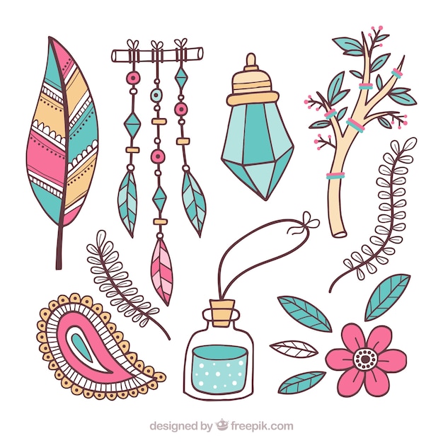 Colección de elementos boho dibujados a mano