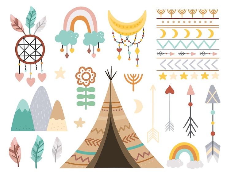 Vector colección de elementos boho vectoriales bohemio media luna wigwam atrapasueños flores flechas patrón plumas aisladas sobre fondo blanco iconos celestiales packxa