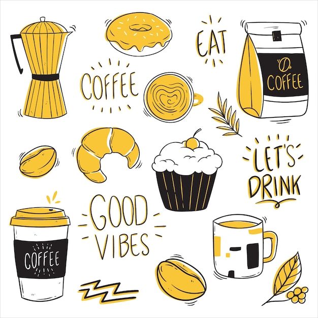 colección de elementos de café con estilo doodle