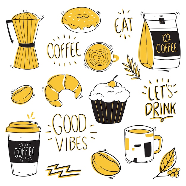 Colección de elementos de café con estilo doodle