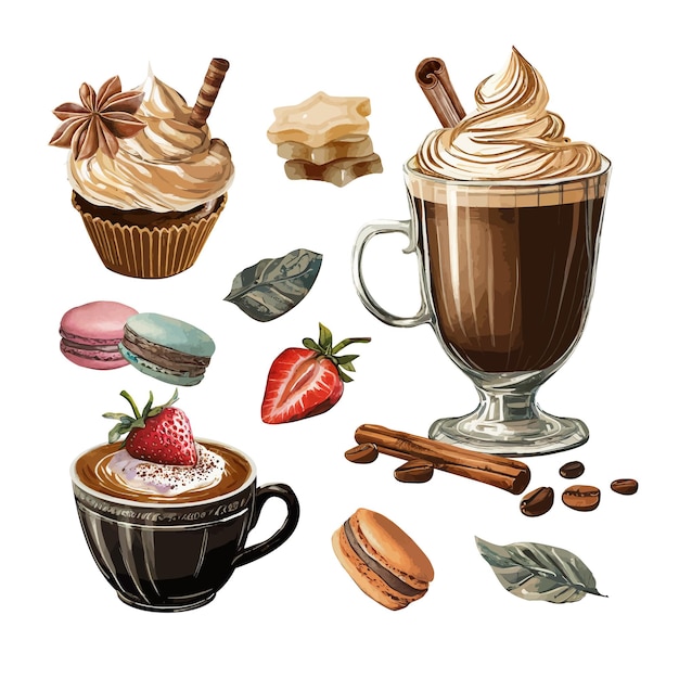 Vector colección de elementos de café latte y cupcake vectorial con frutas y dulces