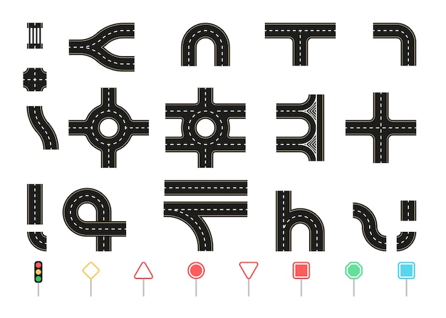 Colección de elementos de la carretera. Carretera conectable. Posición de vista superior. Semáforo y señales de tráfico. Senderos, encrucijadas, anillos y curvas.