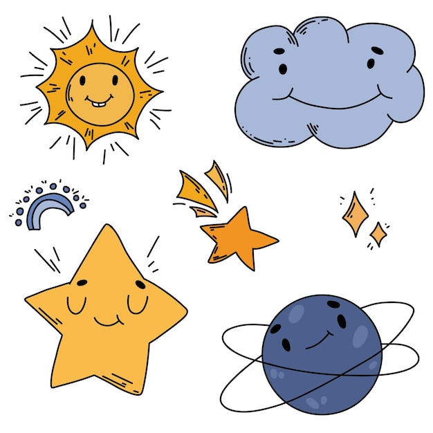 Colección de elementos celestiales dibujados a mano. Ilustración de vector de niños.