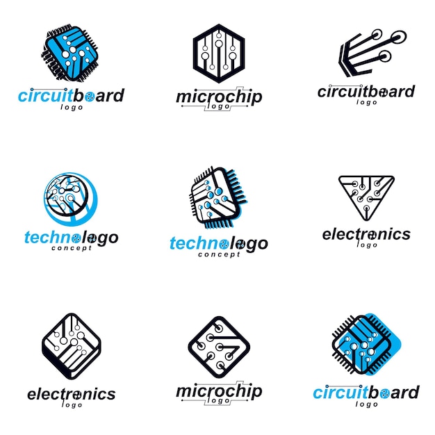 Colección de elementos cibernéticos de comunicación tecnológica. Placa de circuito abstracto vectorial. Conjunto de logotipos de microprocesadores electrónicos.