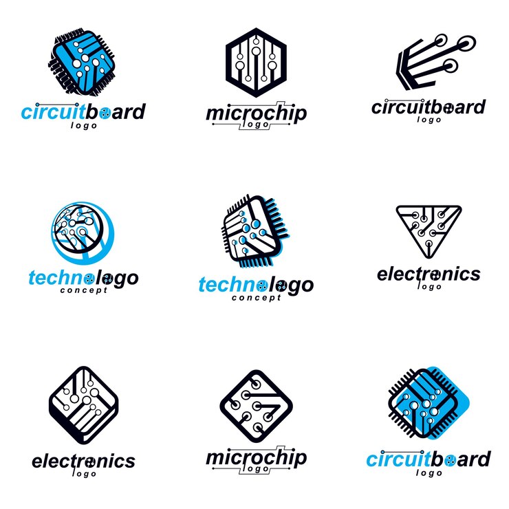 Vector colección de elementos cibernéticos de comunicación tecnológica. placa de circuito abstracto vectorial. conjunto de logotipos de microprocesadores electrónicos.