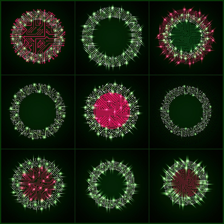 Vector colección de elementos cibernéticos luminiscentes de comunicación tecnológica. conjunto de placas de circuito de resplandor abstracto vectorial en forma de círculos con efecto de brillo.