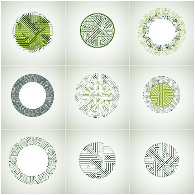Colección de elementos cibernéticos verdes de comunicación tecnológica con flechas. Conjunto de placas de circuitos abstractos vectoriales en forma de círculos.