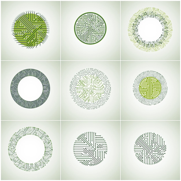 Vector colección de elementos cibernéticos verdes de comunicación tecnológica con flechas. conjunto de placas de circuitos abstractos vectoriales en forma de círculos.