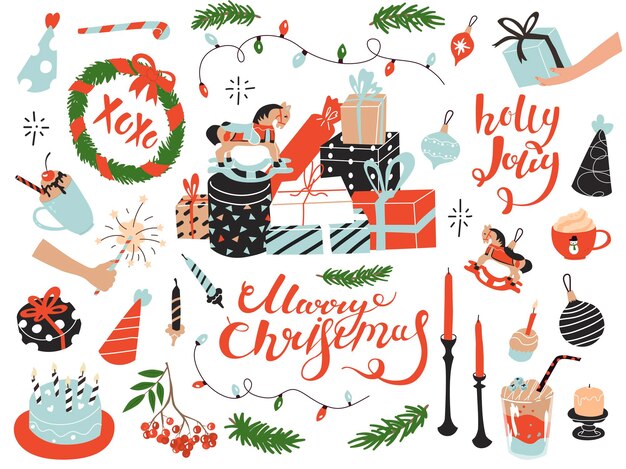 Colección de elementos de clip art para la celebración de Navidad y año nuevo. Estilo plano en la ilustración vectorial. Regalos, juguetes para árboles, velas, bebidas. Mano ahoga cotizaciones Feliz Navidad, Holly Jolly, XoXo.