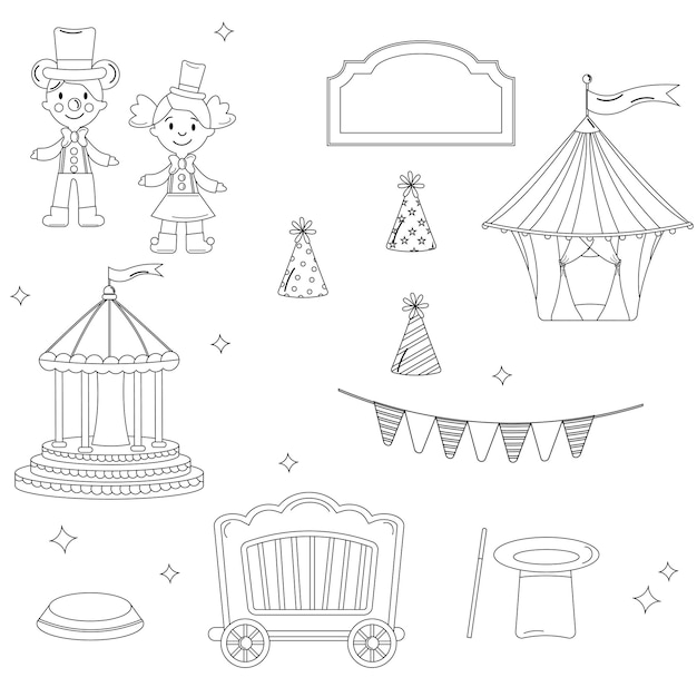 Colección de elementos de contorno Carpa de circo carrusel de guirnalda de muñecos de payaso