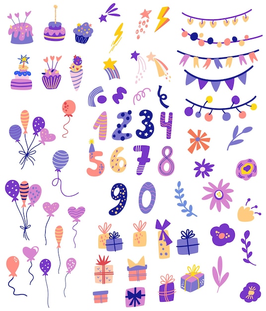 Vector colección de elementos de cumpleaños. globos, tortas, guirnaldas, regalos, números y flores. elementos de carnaval de dibujos animados. todo para unas vacaciones, fiestas y cumpleaños. ilustración vectorial.