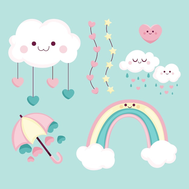 Vector colección de elementos de decoración de chuva de amor de dibujos animados