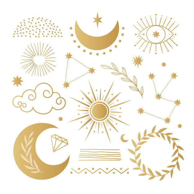 Colección de elementos decorativos boho en gradiente dorado aislados sobre un fondo blanco