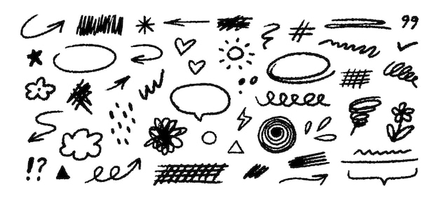 Colección de elementos decorativos simples dibujados a mano, formas de doodle y garabates en estilo grunge