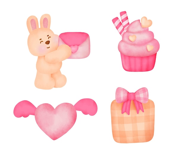 Colección de elementos del día de San Valentín en acuarela.