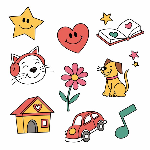 Colección de elementos de dibujos animados lindos y felices