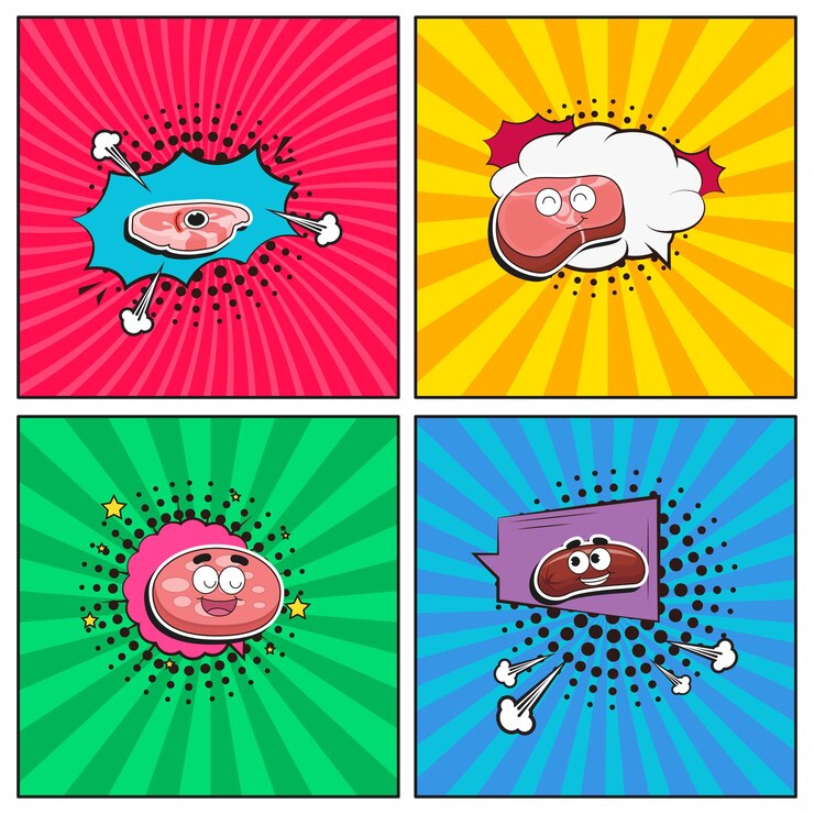 Vector colección de elementos de dibujos animados de moda planos dibujados a mano carne y salchichas