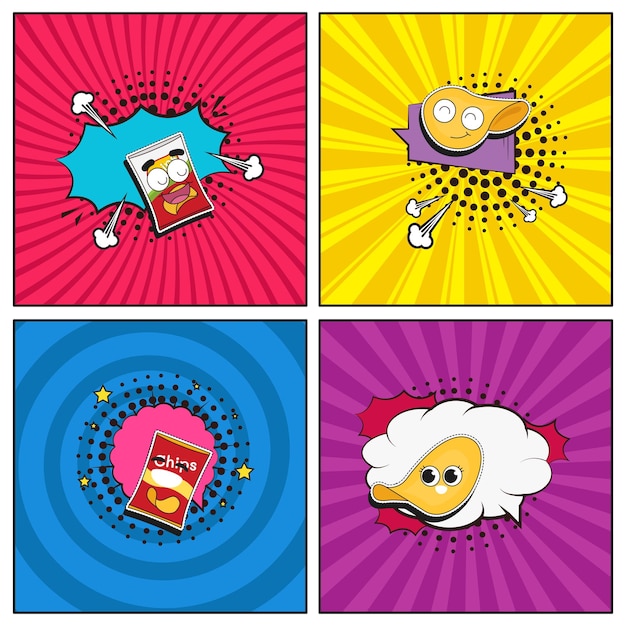 Colección de elementos de dibujos animados de moda planos dibujados a mano Patatas fritas