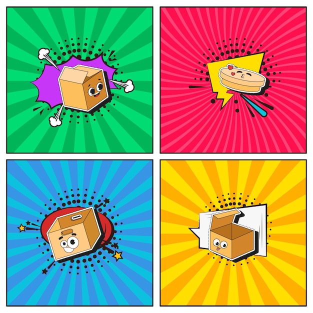 Colección de elementos de dibujos animados planos de moda dibujados a mano Cajas de cartón