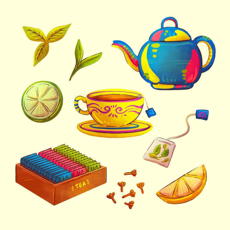 Vector colección de elementos de diseño de acuarela para el día internacional del té