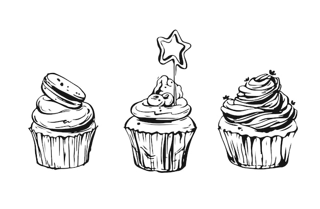 Colección de elementos de diseño de alimentos dulces gráficos dibujados a mano con cupcakes en colores blanco y negro aislado.
