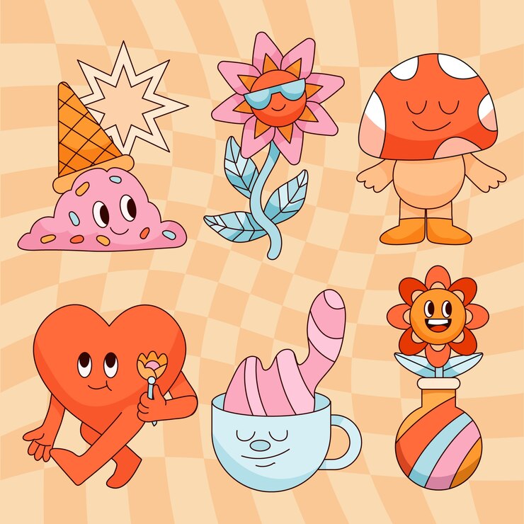 Colección de elementos de diseño de los años 70 dibujados a mano