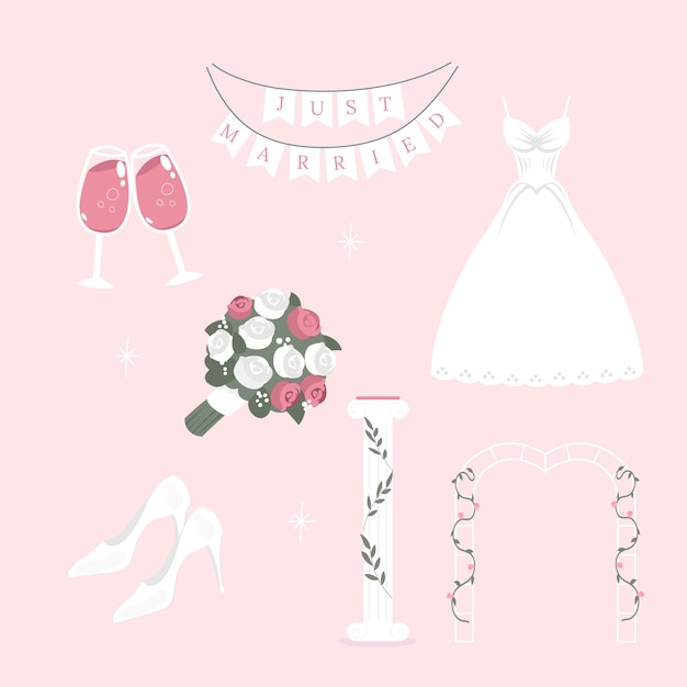 Colección de elementos de diseño de bodas planas