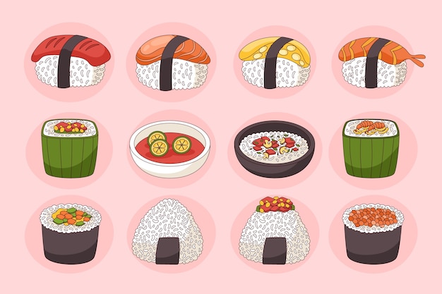Colección de elementos de diseño del día internacional del sushi dibujados a mano