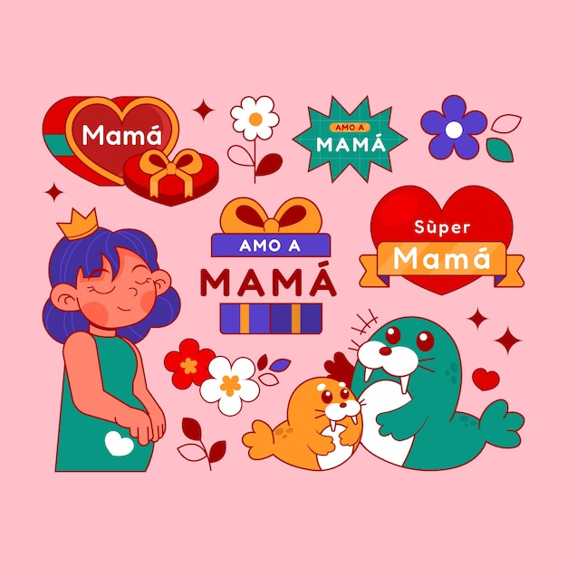 Vector colección de elementos de diseño dibujados a mano para la celebración del día de la madre en español