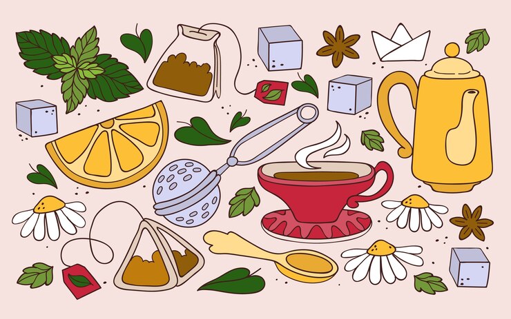 Vector colección de elementos de diseño dibujados a mano para el día internacional del té