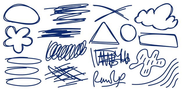Colección de elementos de diseño dibujados a mano garabatean bocetos y formas en azul oscuro