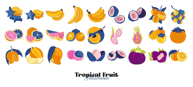 Colección de elementos de diseño gráfico y frutas tropicales ingredientes color