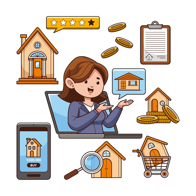 Colección de elementos de diseño inmobiliario dibujados a mano