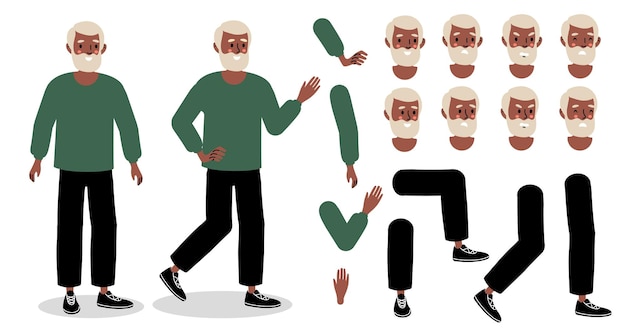 Una colección de elementos de diseño de personajes con un anciano caminante con varias expresiones