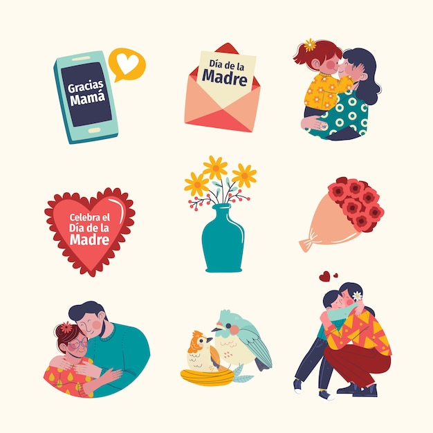 Colección de elementos de diseño planos para la celebración del día de la madre en español