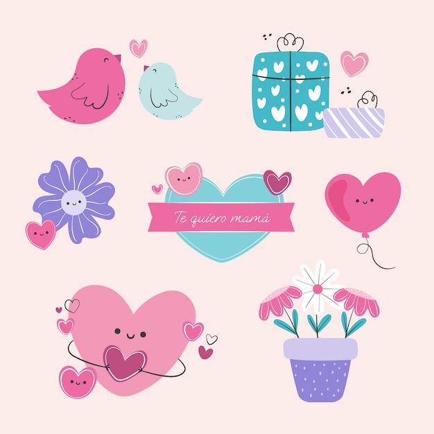 Colección de elementos de diseño planos para la celebración del Día de la Madre en español