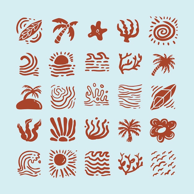 colección de elementos de diseño de playa abstractos dibujados a mano
