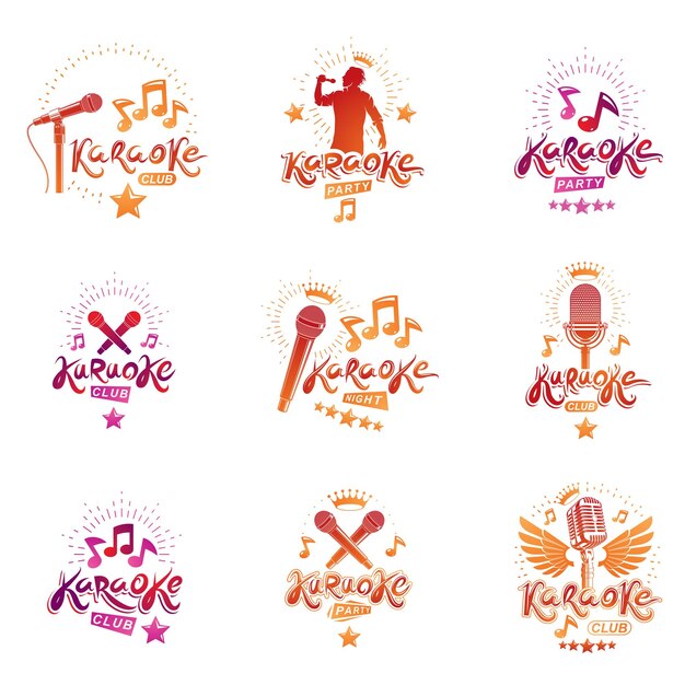 Colección de elementos de diseño vectorial que se pueden utilizar mejor para emblemas temáticos de karaoke y composición de carteles. Presentación de estilo de vida de ocio y relajación, concepto de carnaval.