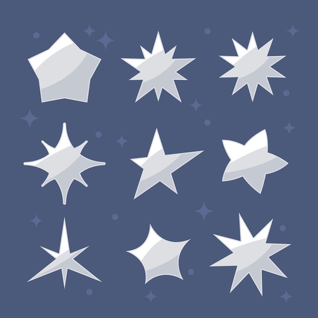 Vector colección de elementos de estrellas plateadas de diseño plano